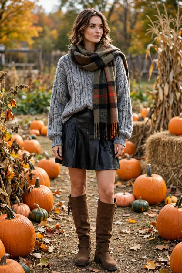 Woman in an oversized grey sweater with a black faux-leather skirt, tall brown boots and a chunky plaid scarf at a pumpkin patch