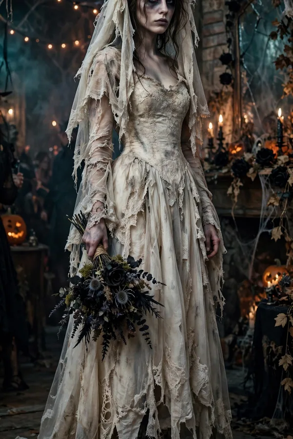 A woman in a tattered ivory wedding gown with a veil and dark bouquet at a haunted house party