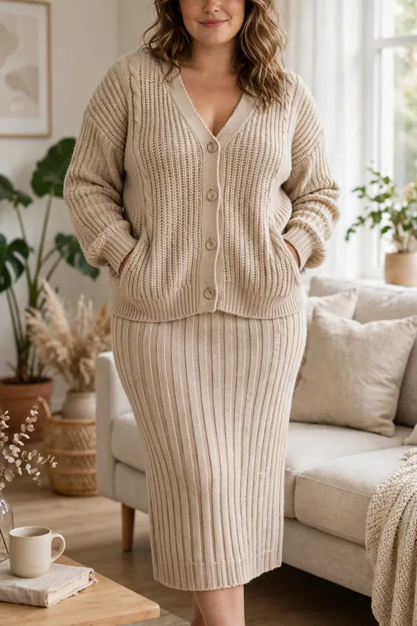 A curvy woman in a matching beige knit co-ord set with a midi skirt and white sneakers in a bright living room
