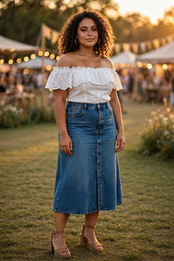 A curvy young woman in an off-shoulder white eyelet top and a denim midi skirt with block-heel sandals at a festival
