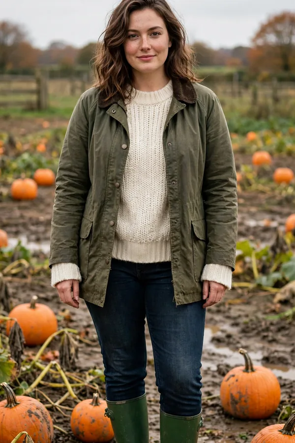 A woman in an olive waxed jacket with a cream sweater, dark jeans, and green rain boots at a pumpkin patch