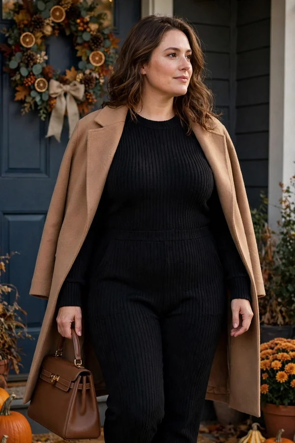 A curvy young woman wearing a black knit jumpsuit, camel coat over her shoulders and black loafers arriving for Thanksgiving dinner