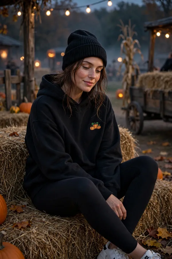Woman in black leggings, an oversized pumpkin hoodie and beanie sitting on a hay bale at a haunted hayride